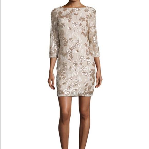 AIDAN AIDAN MATTOX Floral-Embroidered Sequin Dress Cocktail Champagne Size 4 - Picture 3 of 14